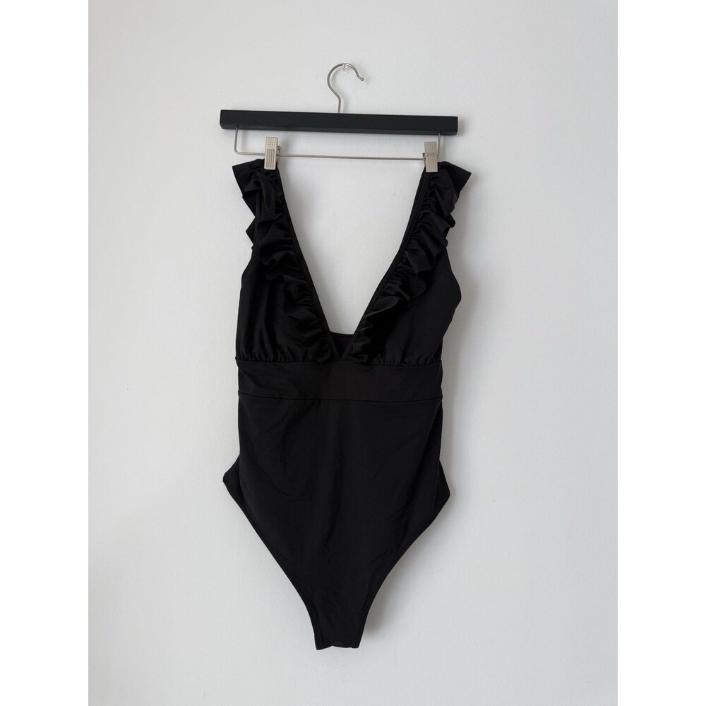 H&M Black Ruffle One Piece Swimsuit Plunge V Neck Tummy Control Size M